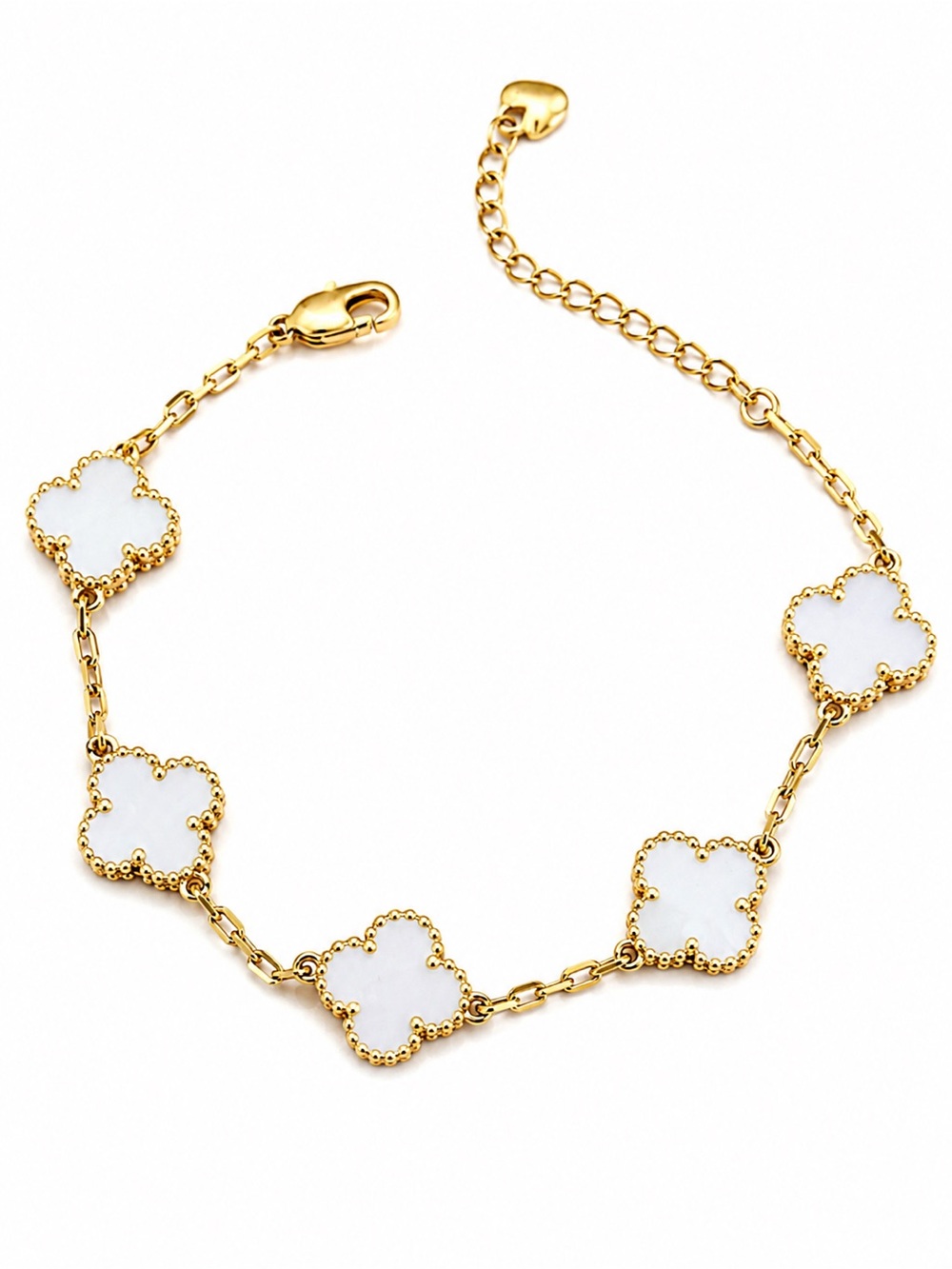 14K Gold Plated Rhodium Mother of Pearl Clover One-Sided Adjustable Bracelet